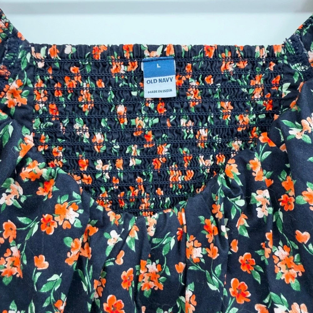 Old Navy Women's L Navy Floral Puff Sleeve Smocked Back Fall Cottagecore Blouse
